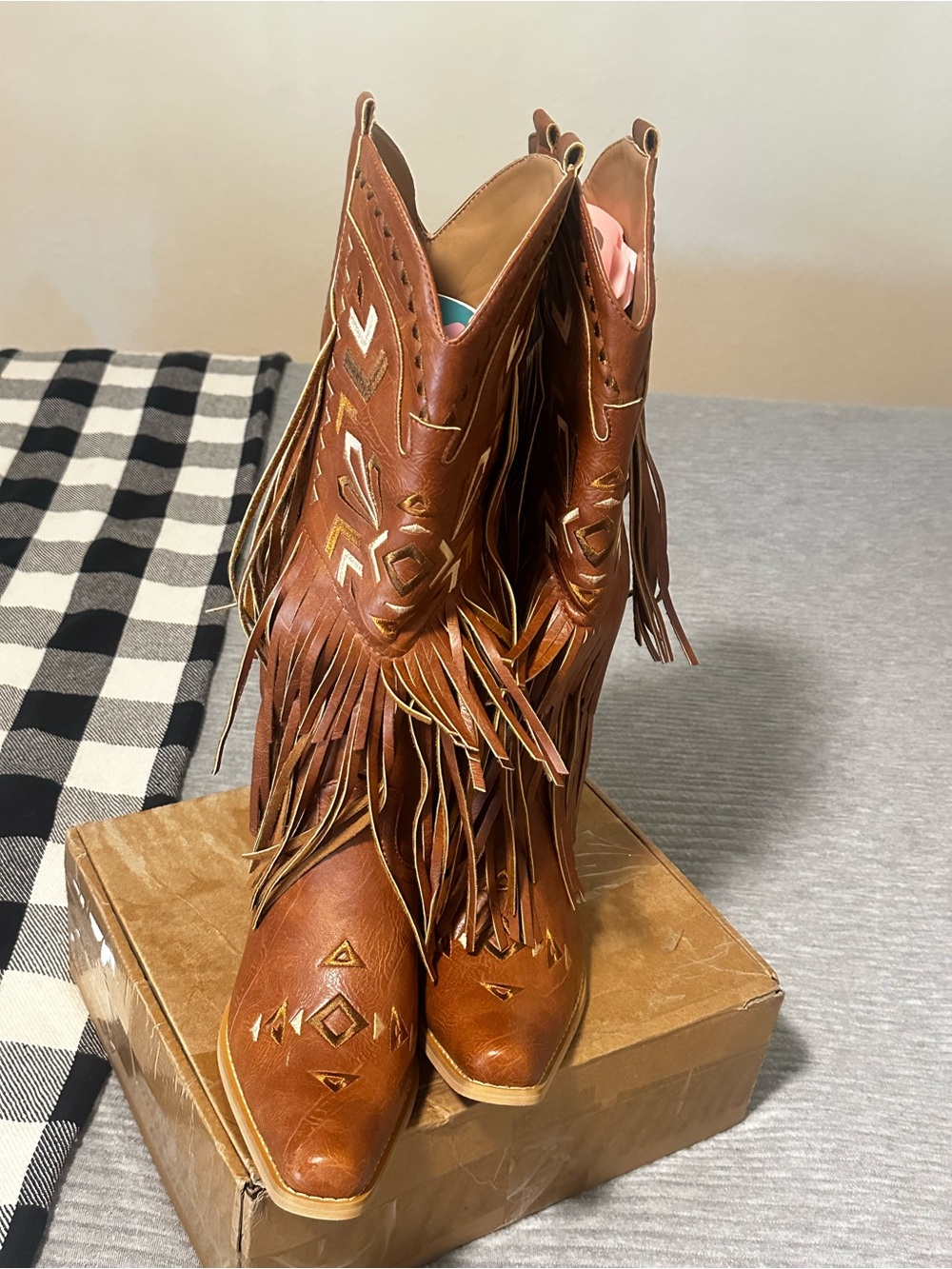 Western Fringe Leather Boots - Brown